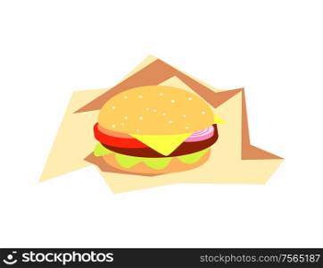 Burger fast food served in paper vector, bistro meal isolated icon. Snack cheeseburger with cheese, tomatoes and bun, hamburger appetizer with onion. Burger Fast Food Served in Paper, Bistro Meal
