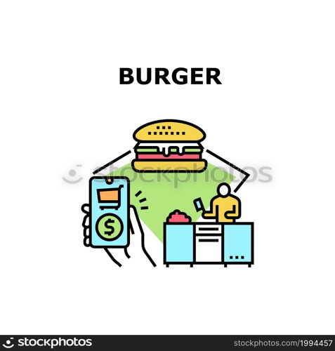 Burger Fastfood Vector Icon Concept. Burger Fastfood Ordering Online In Smartphone Application Of Restaurant. Chef Cooking Delicious Fat Hamburger On Kitchen From Raw Meat Color Illustration. Burger Fastfood Vector Concept Color Illustration
