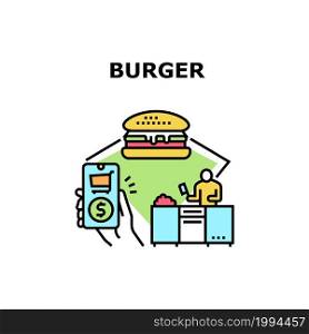 Burger Fastfood Vector Icon Concept. Burger Fastfood Ordering Online In Smartphone Application Of Restaurant. Chef Cooking Delicious Fat Hamburger On Kitchen From Raw Meat Color Illustration. Burger Fastfood Vector Concept Color Illustration