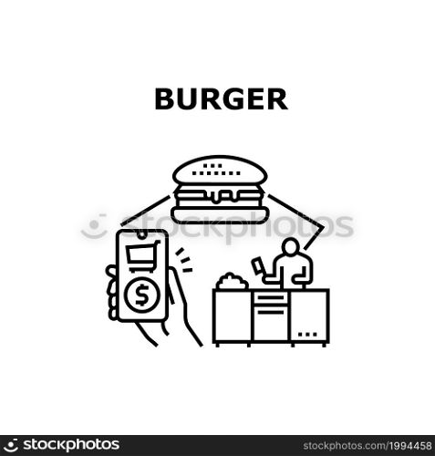 Burger Fastfood Vector Icon Concept. Burger Fastfood Ordering Online In Smartphone Application Of Restaurant. Chef Cooking Delicious Fat Hamburger On Kitchen From Raw Meat Black Illustration. Burger Fastfood Vector Concept Black Illustration