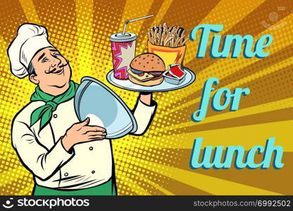 Burger French fries Cola fast food. time for lunch. chef with tray with lid. Comic cartoon pop art retro vector illustration drawing. time for lunch. fast food. chef with tray with lid