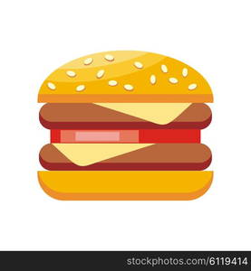 Burger hamburger isolated flat design. Burger or sandwich, fast food, food and hamburger isolated, fast hamburger, meal and snack burger, cheese and meat, lunch burger, tasty cheeseburger illustration