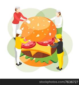 Burger house isometric composition with group of small human characters holding ingredients of fast food burger vector illustration