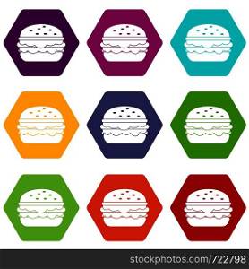 Burger icon set many color hexahedron isolated on white vector illustration. Burger icon set color hexahedron