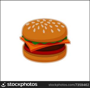 Burger icon template isolated on white background vector illustration of tasty street food, sandwich with cheese and meat cutlet, meal bun tomato slice. Burger Icon Template Isolated on White Background