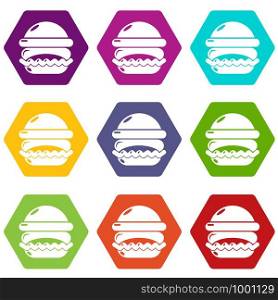 Burger icons 9 set coloful isolated on white for web. Burger icons set 9 vector