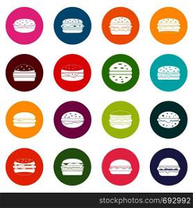 Burger icons many colors set isolated on white for digital marketing. Burger icons many colors set