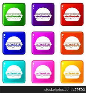 Burger icons of 9 color set isolated vector illustration. Burger icons set 9