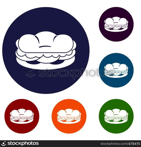 Burger icons set in flat circle red, blue and green color for web. Burger icons set