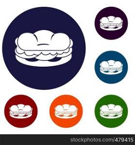 Burger icons set in flat circle red, blue and green color for web. Burger icons set