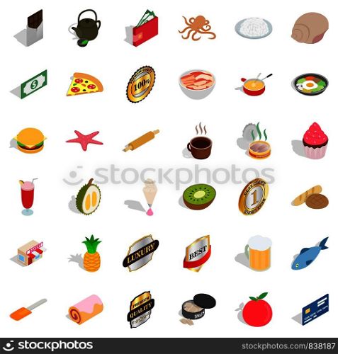 Burger icons set. Isometric style of 36 burger vector icons for web isolated on white background. Burger icons set, isometric style