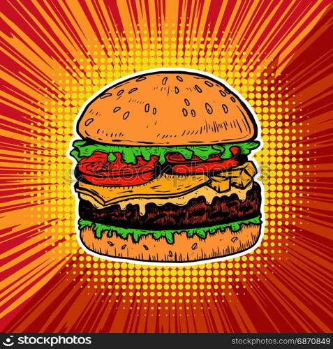 Burger illustration on pop art style background. Design element in vector