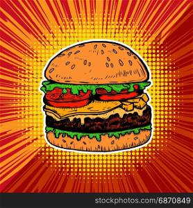 Burger illustration on pop art style background. Design element in vector