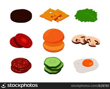 Burger isometric. Constructor of burger with different ingredients. Burger hamburger, sandwich american isometric. Vector illustration. Burger isometric. Constructor of burger with different ingredients