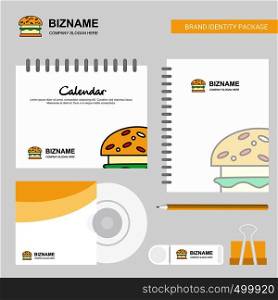 Burger Logo, Calendar Template, CD Cover, Diary and USB Brand Stationary Package Design Vector Template