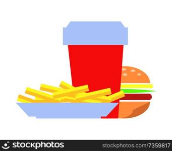Burger made of bun, ham and french fries, red cup filled with drink, dishes to feel full, prepared potato, beverage isolated on vector illustration. Burger and French Fries Set Vector Illustration