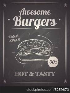 Burger Monochrome Poster On Chalkboard. Hot and tasty burger in rays with discount monochrome hand drawn poster on black chalkboard vector illustration