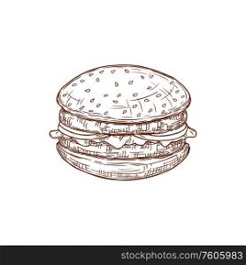 Burger monochrome sketch isolated hamburger or cheeseburger. Vector bun with cheese, chop and lettuce. Hamburger or cheeseburger isolated burger sketch