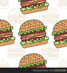 Burger seamless pattern. Flat and thin line design. Vector illustration.