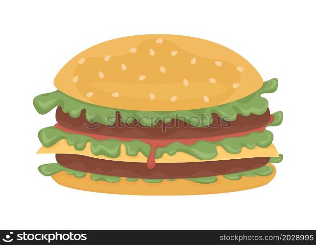 Burger semi flat color vector object. Full realistic item on white. Junk food. Unhealthy fast food sandwich isolated modern cartoon style illustration for graphic design and animation. Burger semi flat color vector object