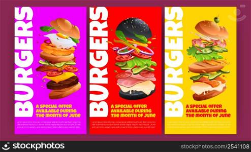 Burger special offer posters. Discount flyers for fast food restaurant. Vector vertical banners with cartoon illustration of flying hamburgers with buns, cheese, grill patty, tomato and egg. Burger special offer posters