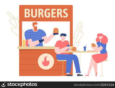 Burger street stall, fast food cafe, customers at table. Vector burger street stand for business, cafe with vendor in kiosk illustration. Burger street stall, fast food cafe, customers at table