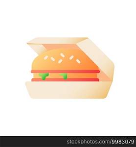 Burger take out vector flat color icon. Cheeseburger on carton box for take away. Unhealthy snack. Fast food delivery. Cartoon style clip art for mobile app. Isolated RGB illustration. Burger take out vector flat color icon