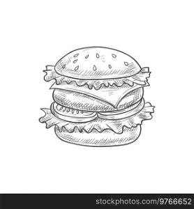 Burger takeaway food isolated cheeseburger sketch. Vector street food, bun with beef and vegetables. Cheeseburger fastfood snack isolated burger sketch