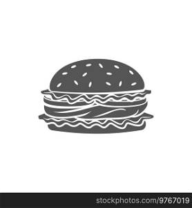 Burger takeaway food isolated monochrome icon. Vector hamburger drawing, fastfood snack, takeaway sandwich sign. Cheeseburger in black and white, street food, bun with cheese, beef and vegetables. Cheeseburger fastfood snack isolate hamburger icon