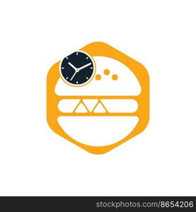 Burger time vector logo design template. Big burger with clock icon logo design. 