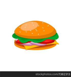 Burger with beef, cheese, lettuce, tomato, cucumber and onion in flat style. Fast food meal. American food. Cartoon vector illustration.. Burger with beef, cheese, lettuce, tomato, cucumber and onion in flat style.