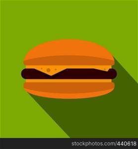 Burger with cheese, meat patty and bun icon. Flat illustration of burger with cheese, meat patty and bun vector icon for web on lime background. Burger with cheese, meat patty and bun icon