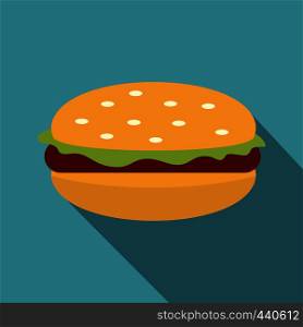 Burger with lettuce, meat patty and bun with sesame seeds icon. Flat illustration of burger with lettuce, meat patty and bun with sesame seeds vector icon for web on baby blue background. Burger with lettuce, meat patty and bun icon