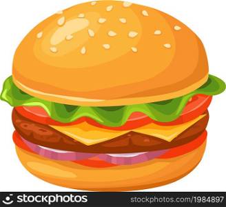 Burger with meat and cheese isolated on white. Vector cheese burger isolated, food bread bun sandwich illustration. Burger with meat and cheese isolated on white