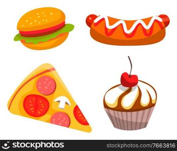 Burger with meat, hotdog with sausage and ketchup, pizza with tomato, mushroom and salami, cake with cream and cherry. Fastfood symbol, bakery product, dessert and sandwich, restaurant vector. Restaurant Fastfood, Burger and Cake, Meal Vector