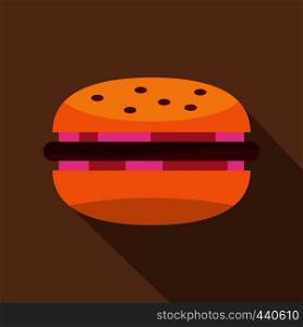 Burger with red onion, meat patty and bun icon. Flat illustration of burger with red onion, meat patty and bun vector icon for web on coffee background. Burger with red onion, meat patty and bun icon