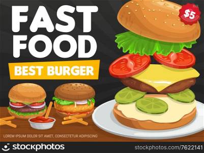 Burgers, hamburger and cheeseburger vector design of fast food sandwiches with ingredients. Beef meat, cheese and tomato, burger bread bun, lettuce salad, onion and pickled cucumbers, restaurant menu. Burgers, fast food hamburger and cheeseburger