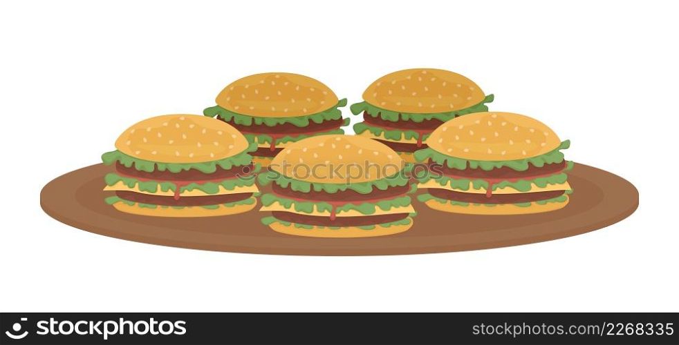 Burgers semi flat color vector object. Full sized item on white. Barbecue party fare. Delicious dish and snack simple cartoon style illustration for web graphic design and animation. Burgers semi flat color vector object