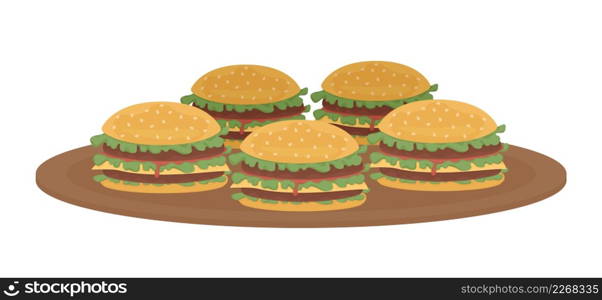 Burgers semi flat color vector object. Full sized item on white. Barbecue party fare. Delicious dish and snack simple cartoon style illustration for web graphic design and animation. Burgers semi flat color vector object