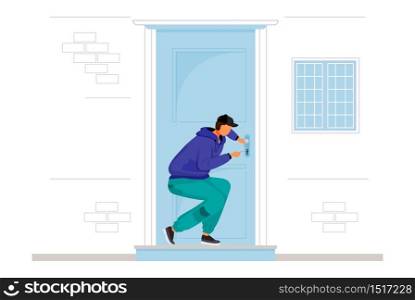 Burglar breaking into house flat color vector faceless character. Home break-in. Lockpicking. Thief opening interior door. Robber picking lock. Isolated cartoon illustration