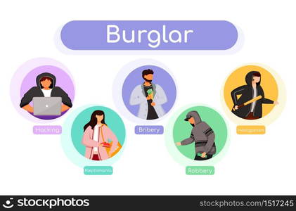 Burglar flat color vector informational infographic template. Hacking. Bribery, robbery. Poster, booklet, PPT page concept design with cartoon characters. Advertising flyer, leaflet, info banner idea