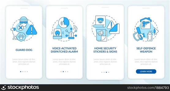 Burglary prevention blue onboarding mobile app page screen. Security system walkthrough 4 steps graphic instructions with concepts. UI, UX, GUI vector template with linear color illustrations. Burglary prevention blue onboarding mobile app page screen