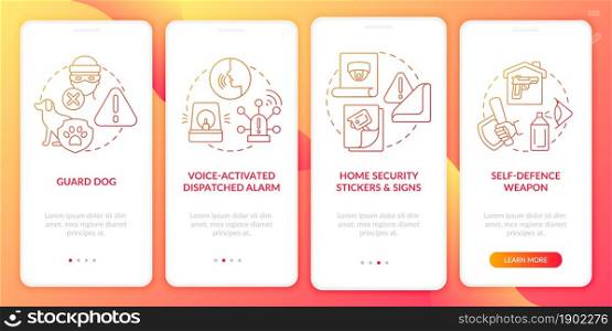 Burglary prevention red gradient onboarding mobile app page screen. Security system walkthrough 4 steps graphic instructions with concepts. UI, UX, GUI vector template with linear color illustrations. Burglary prevention red gradient onboarding mobile app page screen