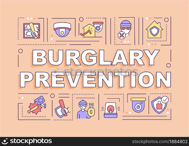Burglary prevention word concepts banner. Home protection. Infographics with linear icons on orange background. Isolated creative typography. Vector outline color illustration with text. Burglary prevention word concepts banner