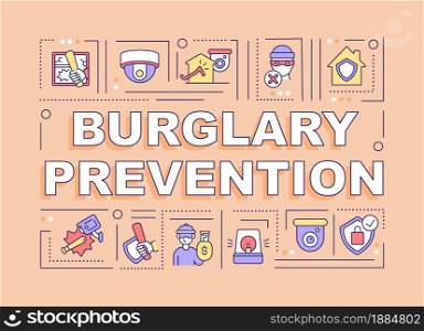 Burglary prevention word concepts banner. Home protection. Infographics with linear icons on orange background. Isolated creative typography. Vector outline color illustration with text. Burglary prevention word concepts banner