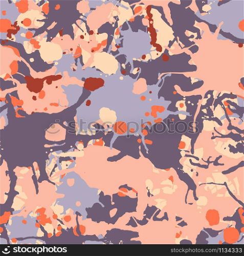 Burgundy, beige, orange, purple artistic ink paint splashes camouflage seamless vector pattern