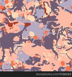 Burgundy, beige, orange, purple artistic ink paint splashes camouflage seamless vector pattern