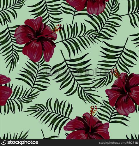 Burgundy flowers hibiscus on the seamless leaves background. Exotic art pattern tropical composition
