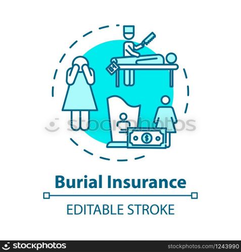 Burial insurance concept icon. Family member loss. Permanent life coverage policy. Funeral expense idea thin line illustration. Vector isolated outline RGB color drawing. Editable stroke