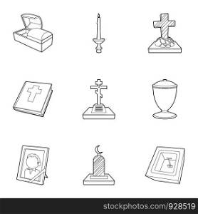 Burial service icons set. Outline set of 9 burial service vector icons for web isolated on white background. Burial service icons set, outline style
